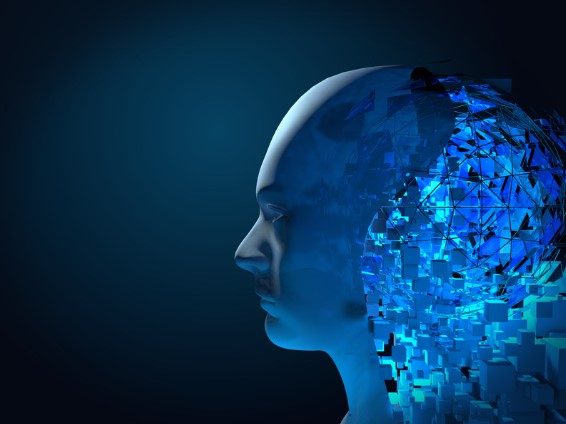 Tête d'intelligence artificielle avec datas qui sortent du cerveau